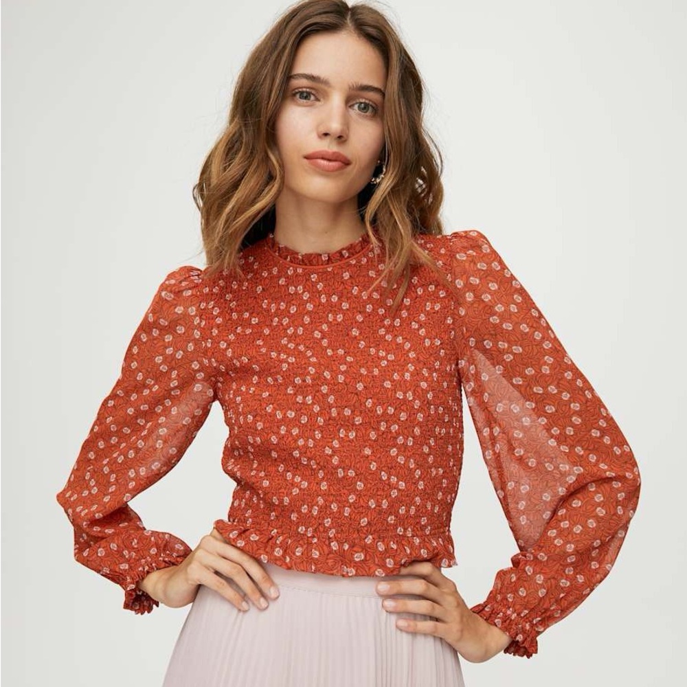 Wilfred Rust Red Floral Smocked Blouse